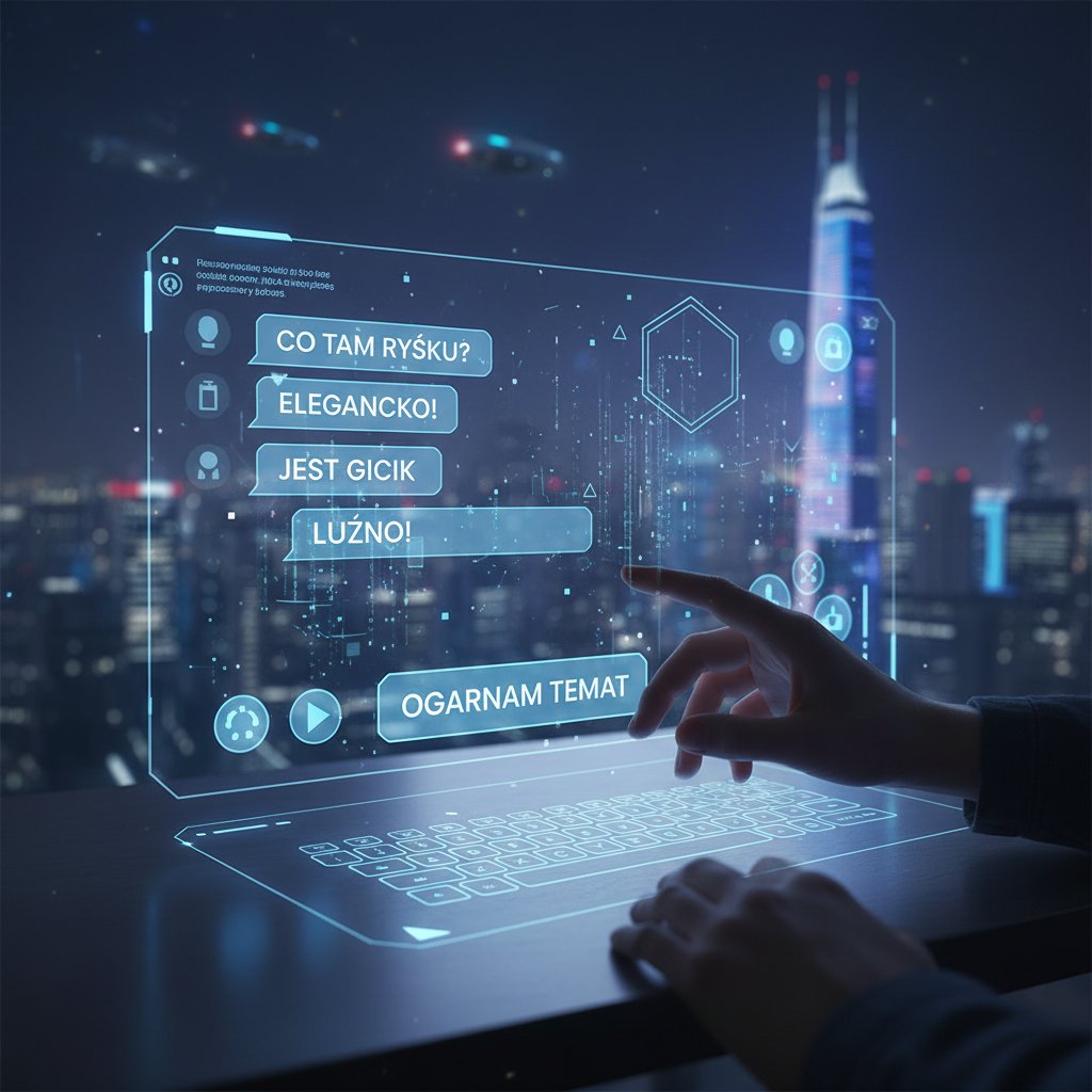 Futurystyczny interfejs czatu z polskim slangiem na ekranie holograficznym, przyszłość rozmów online