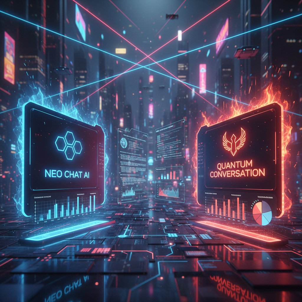 Futuristic chatbot icons face off on a digital battleground with neon accents, symbolizing the intense rivalry in AI chatbot platforms.
