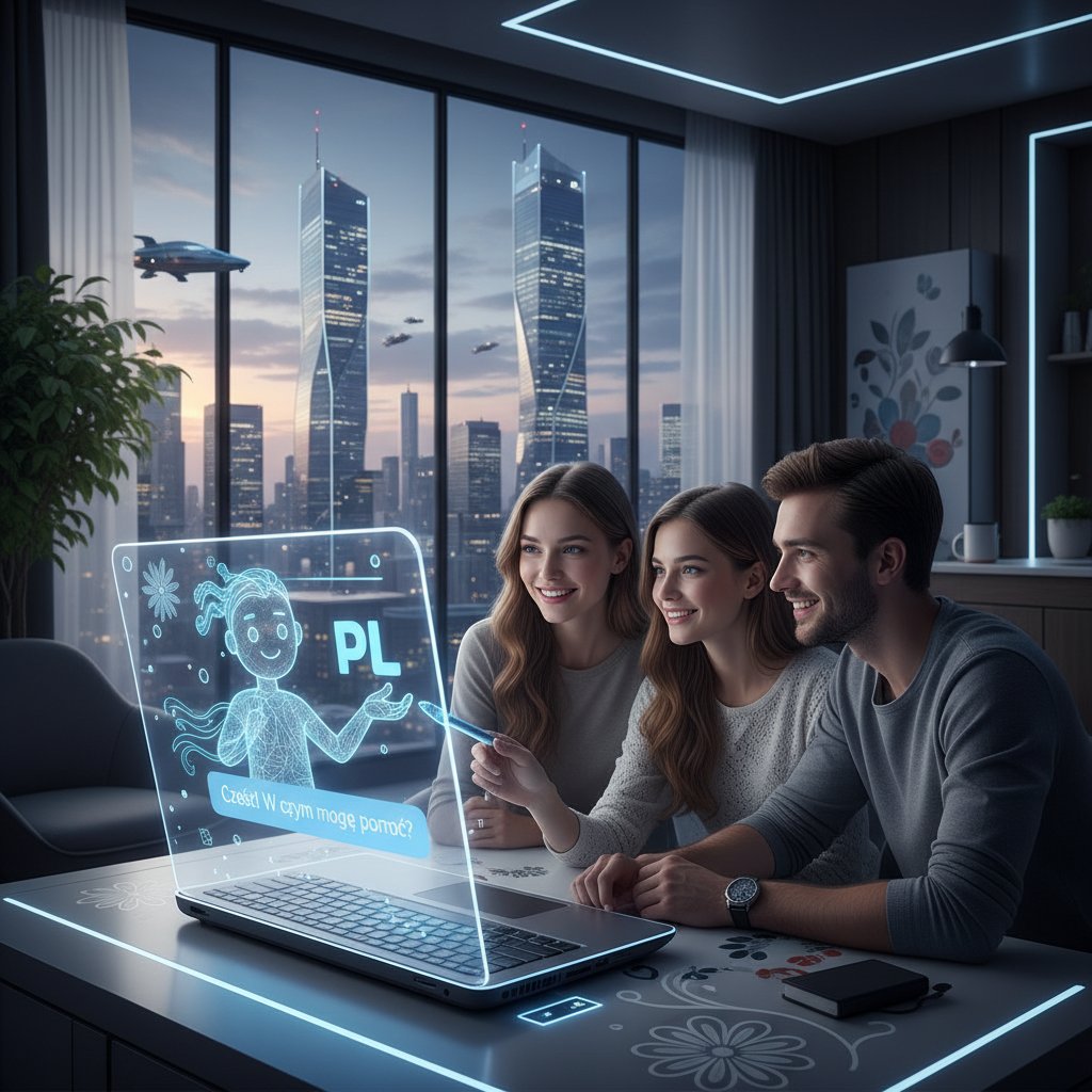 Zaawansowany czatbot przyszłości w polskiej rzeczywistości, AI, młodzi ludzie przy laptopie