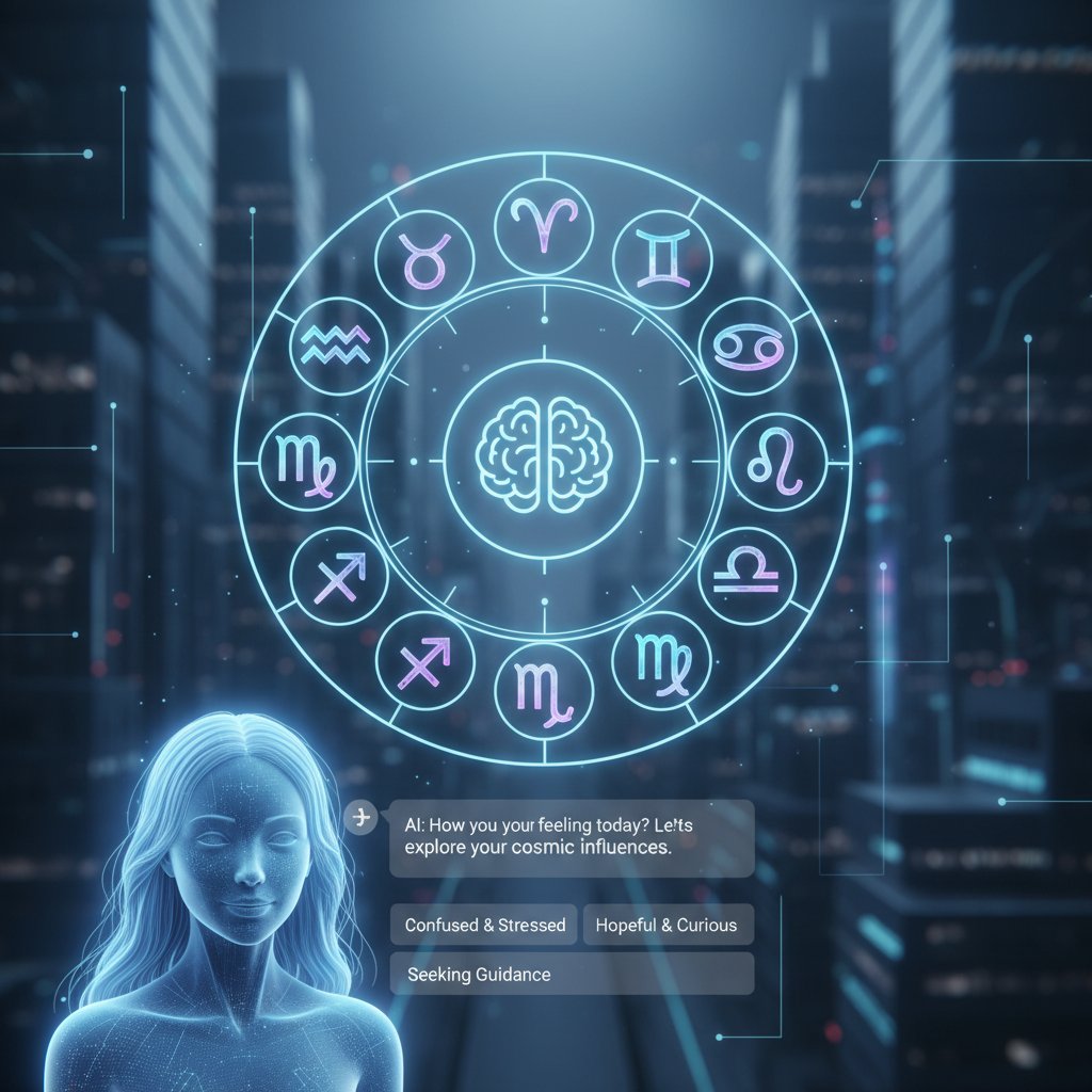Futurystyczny interfejs czatu astrologicznego opartego na AI, symbolizujący nową erę wsparcia emocjonalnego