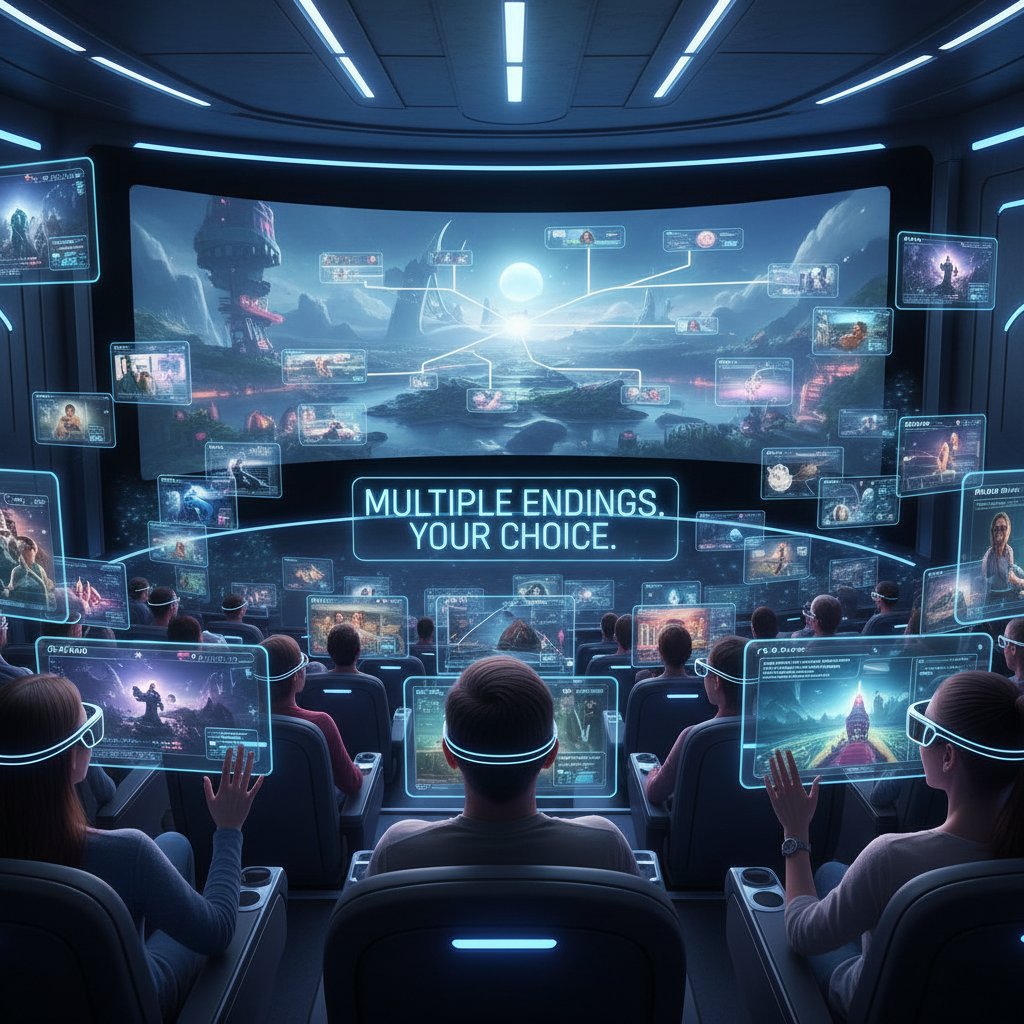 Futuristic cinema audience with AR glasses, experiencing multiple movie endings and interactive twists