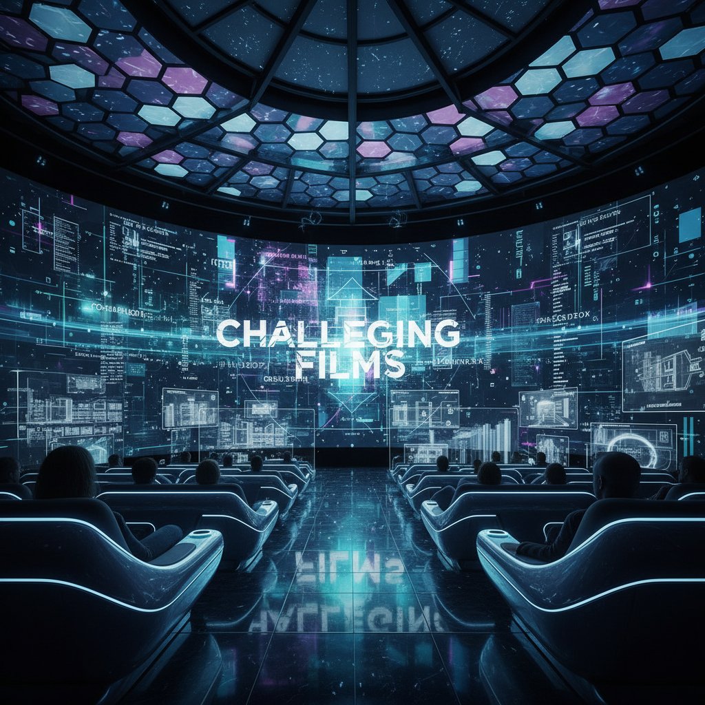 Futuristic cinema with digital overlays, representing future of challenging movies and AI evolution