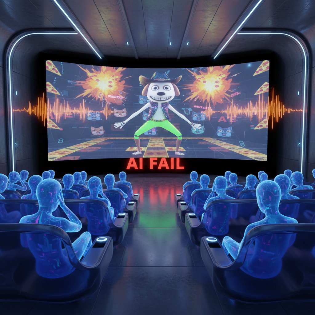 Futuristic cinema audience reacting to AI-generated cringe scene, visualizing the future of movie cringe comedy cinema