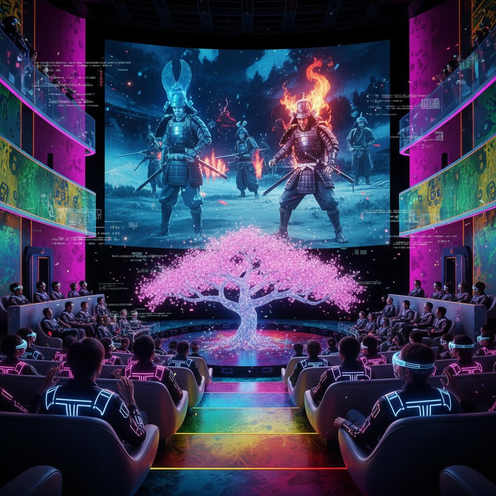 Futuristic cinema with holographic Kurosawa scenes, diverse audience, bold colors, akira kurosawa movies future