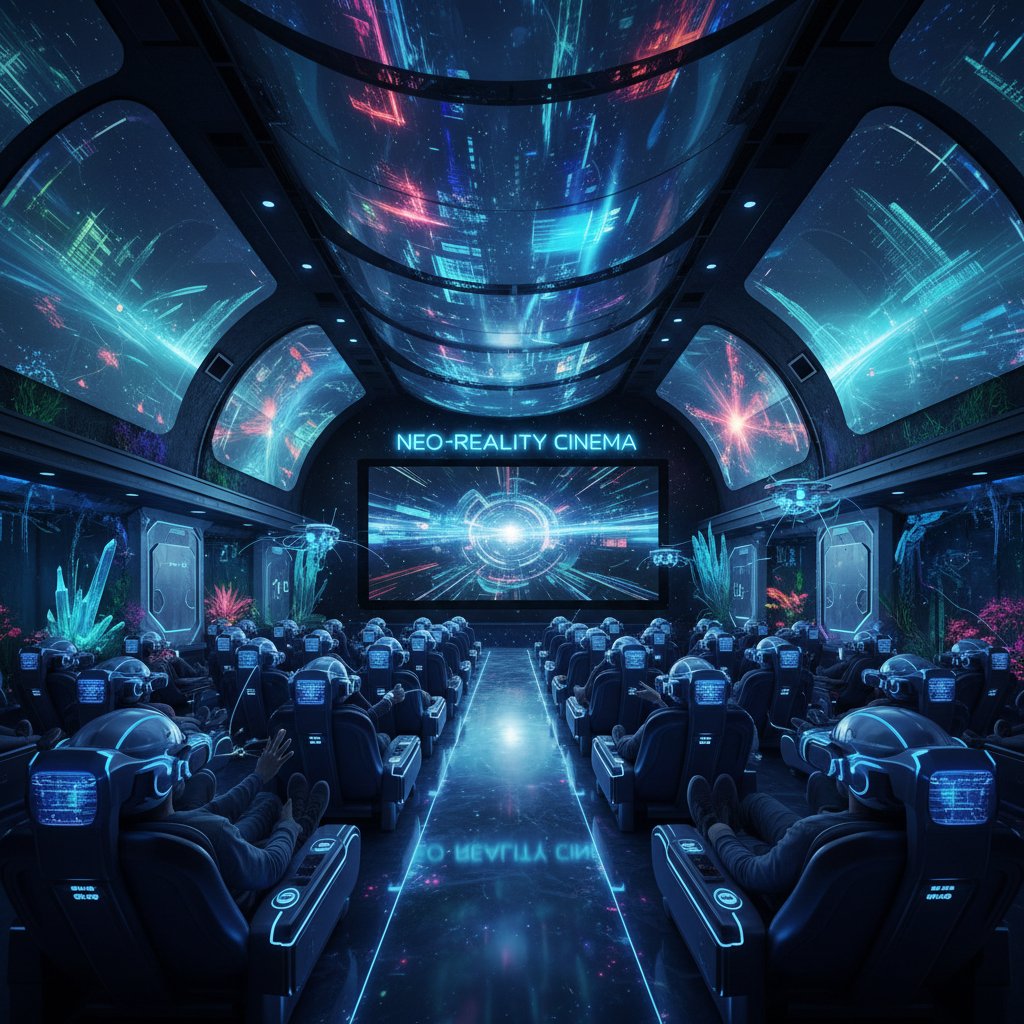 Photo of a futuristic cinema with VR headsets and sensory tech, blending digital and real environments in a visionary style