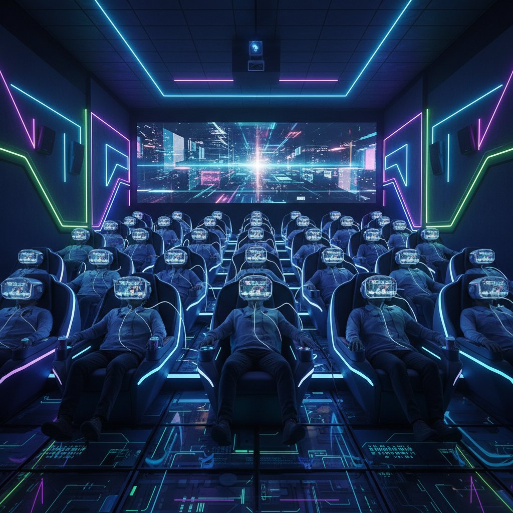Futuristic cinema audience wearing VR headsets, neon lighting, movie rehabilitation movies