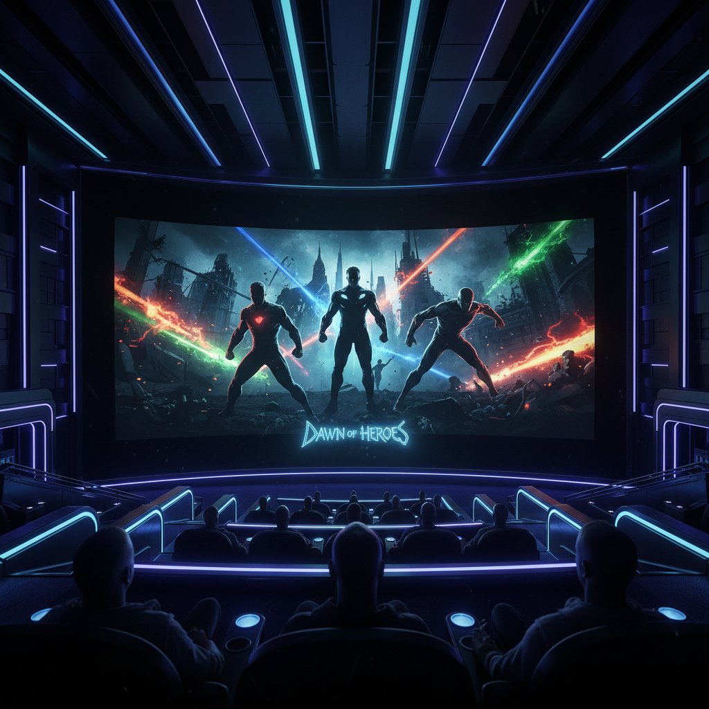 Futuristic cinema screen with superhero silhouettes, neon lights, symbolizing the next era of Zack Snyder movies