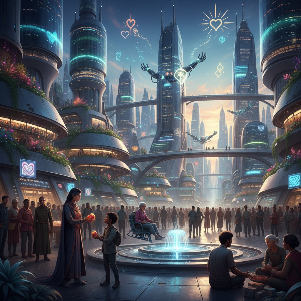 Futurystyczne miasto, widoczne akty dobroci, różnorodni ludzie, żywe kolory, symboliczny nastrój