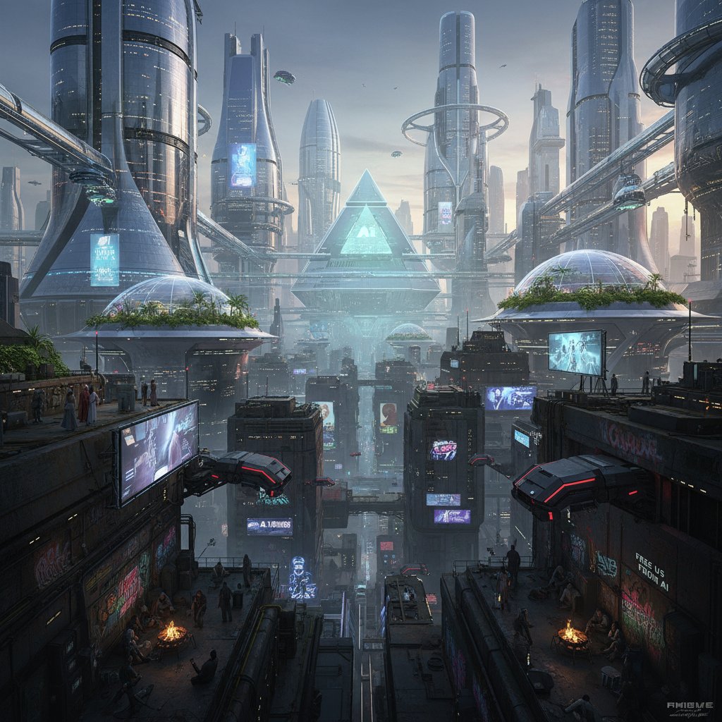 Przyszłościowe miasto podzielone na utopię i dystopię AI