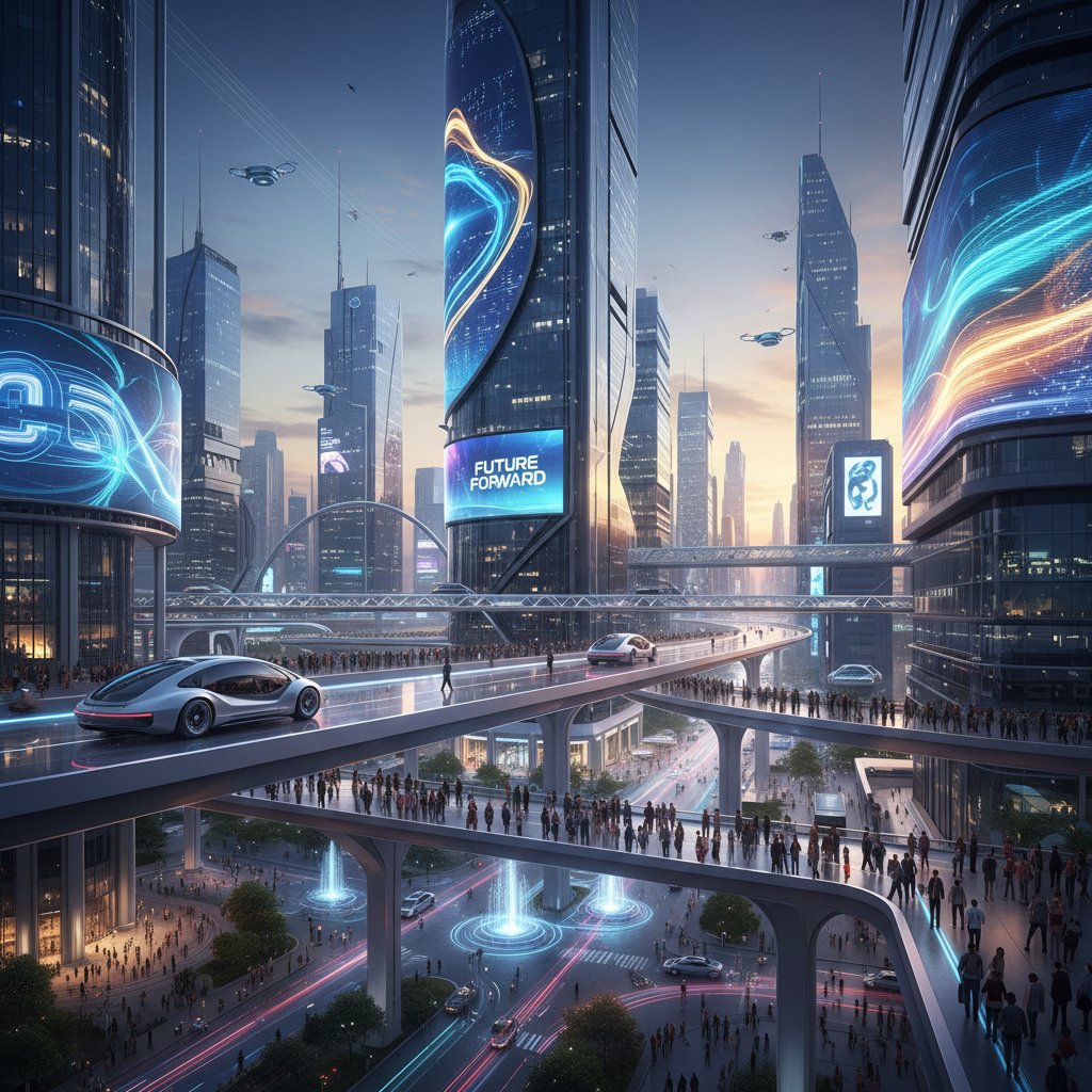Futuristic city, autonomous cars, digital billboards, energetic mood, car buying concierge service