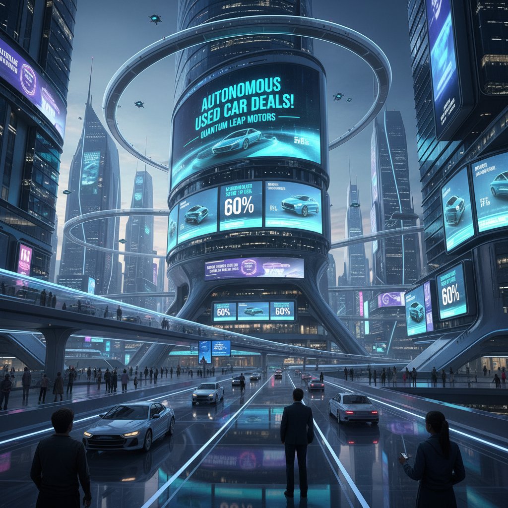 A futuristic city with autonomous used cars and digital billboards advertising used car deals, representing the evolving future of car buying