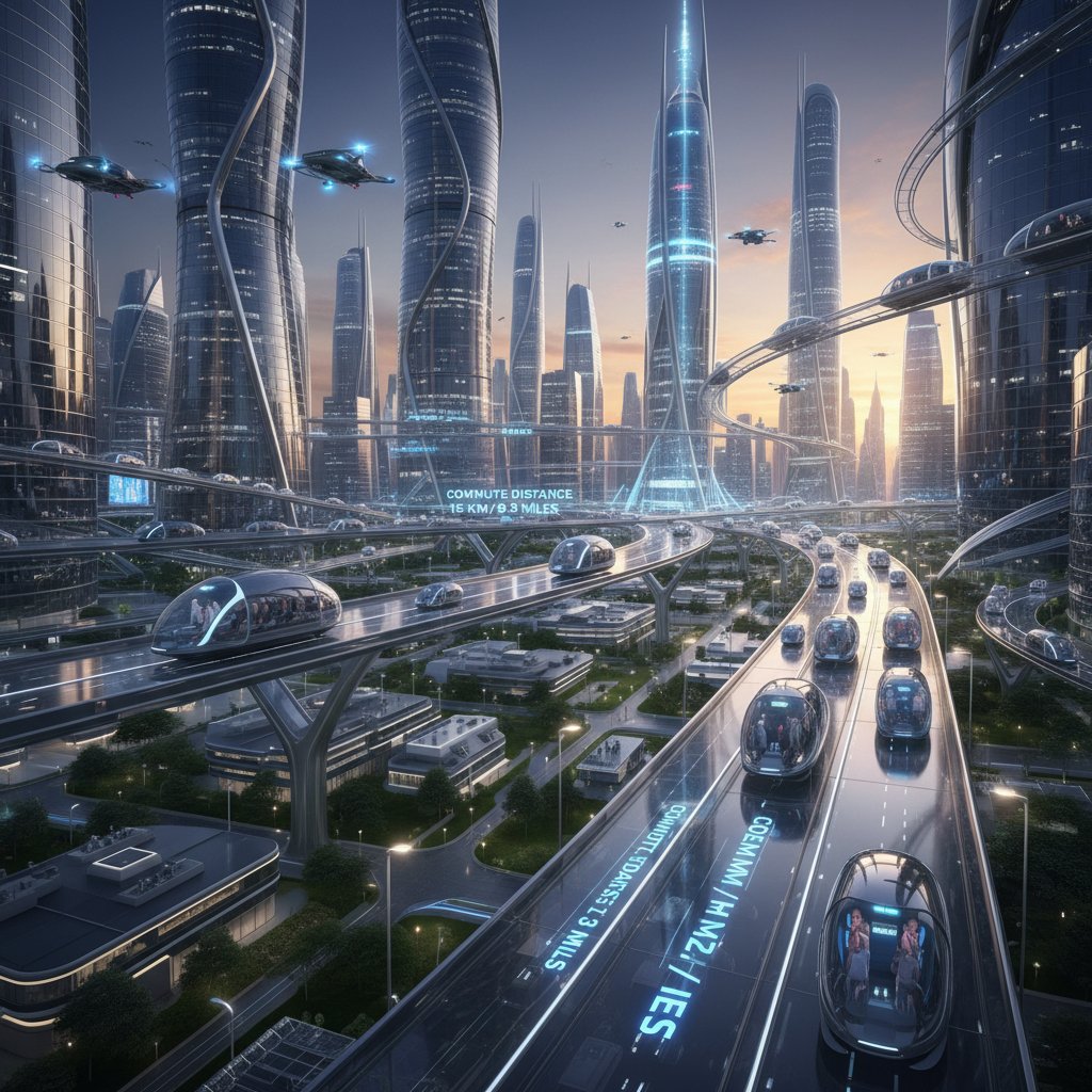 Futuristic city with autonomous cars and smart infrastructure, concept art for the future of commute distance