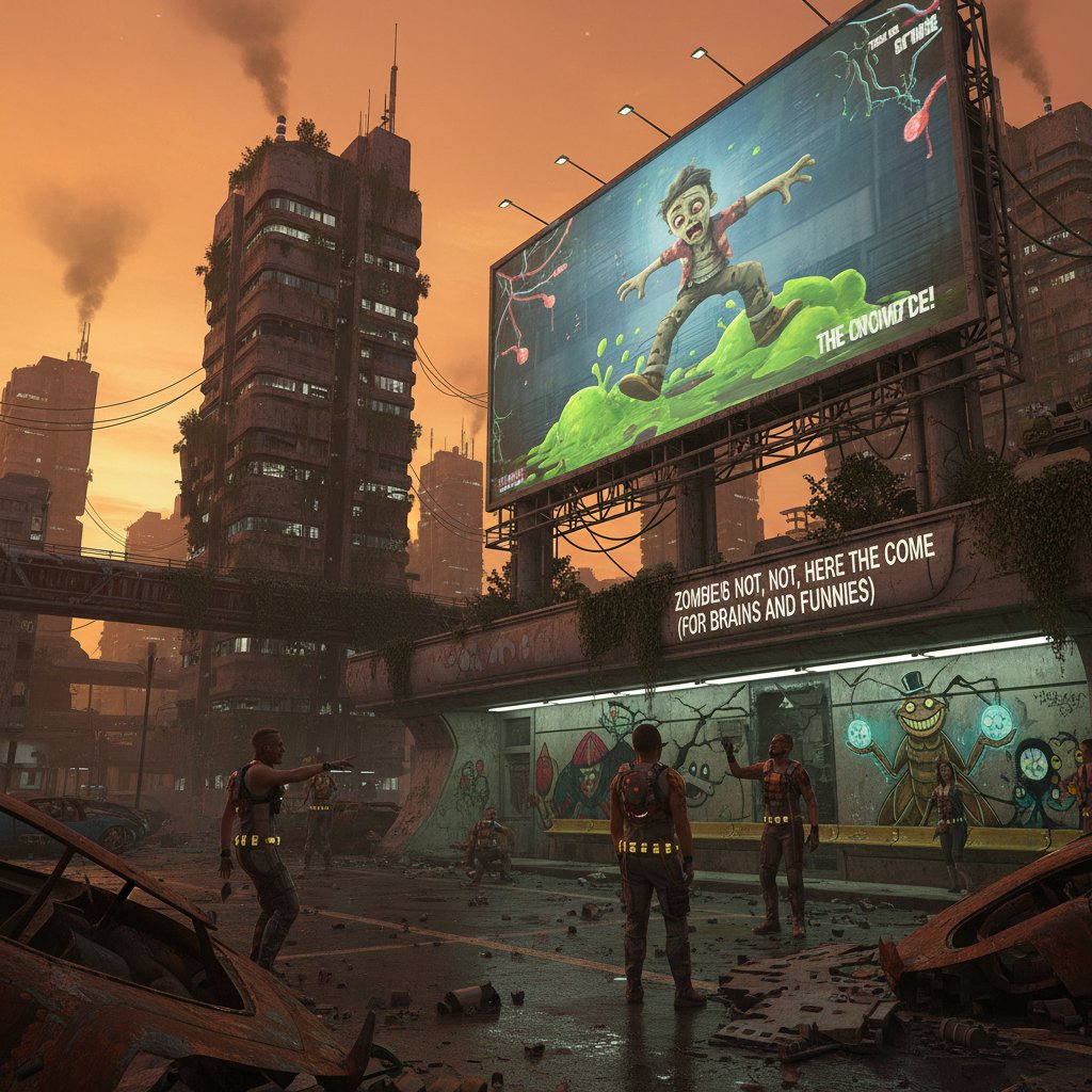 Futuristic city with comedic graffiti, people watching holographic movies, playful mood, apocalypse comedy movies