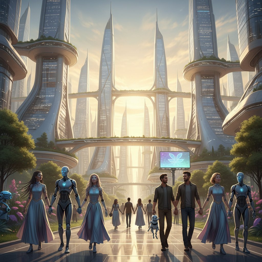 Futuristische Stadt, Menschen und digitale Begleiter gehen gemeinsam, hoffnungsvolle Stimmung, Zukunft der Liebe