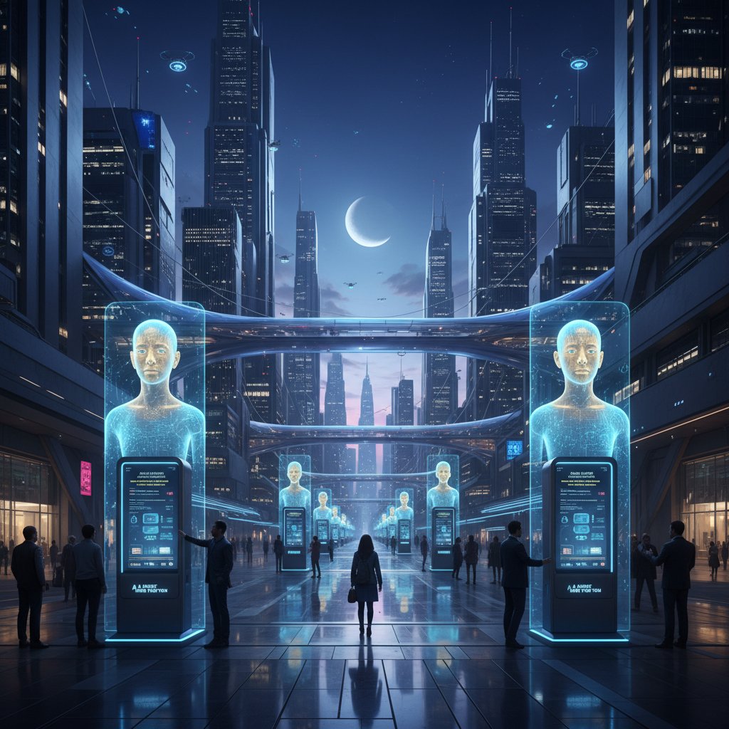 Miasto przyszłości z holograficznymi punktami wsparcia AI