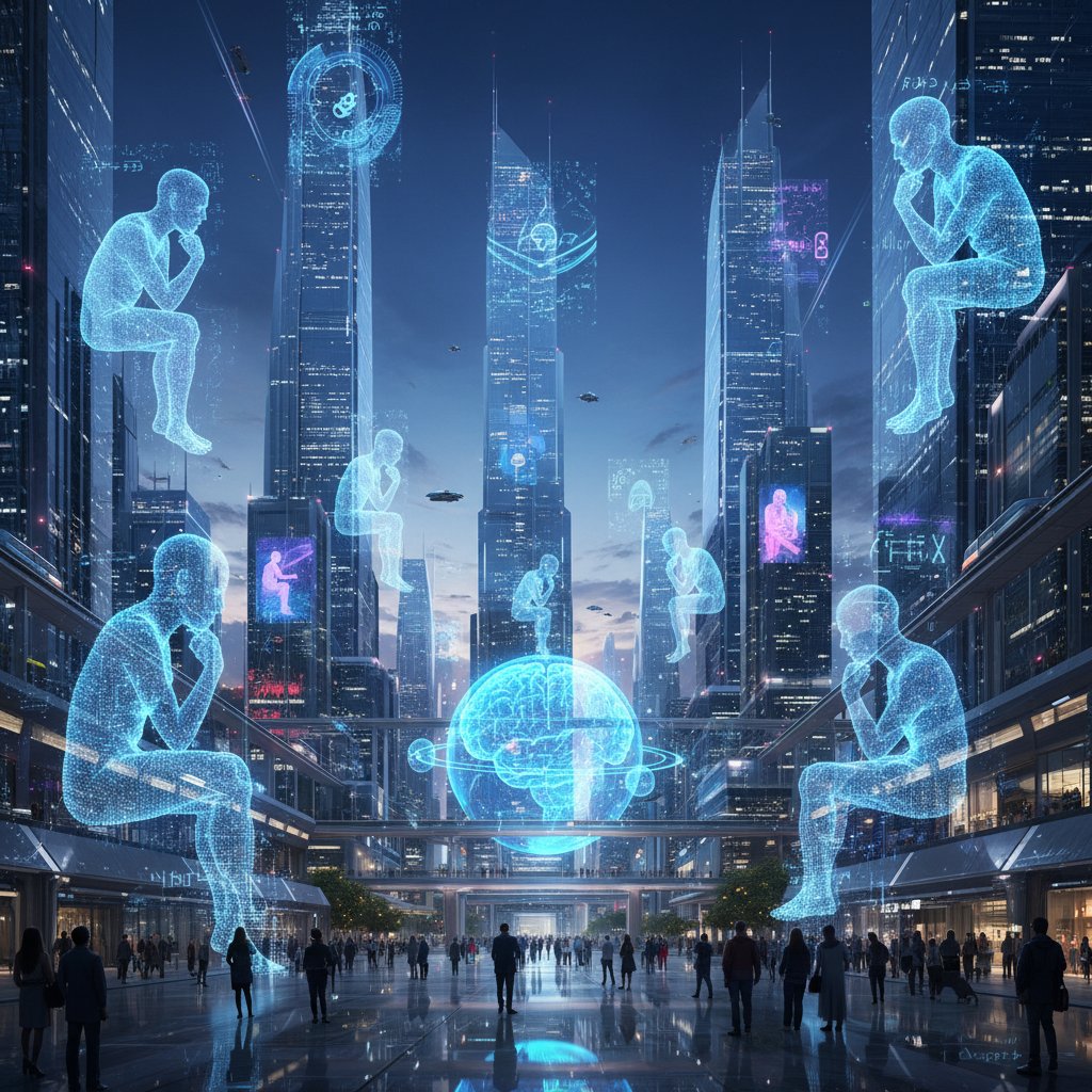 Futurystyczna panorama miasta z holograficznymi postaciami myślicieli