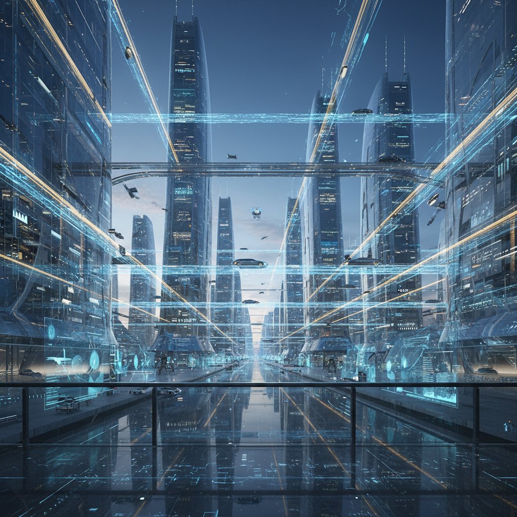 A luminous conceptual illustration of a futuristic city powered by invisible workflow automation, symbolizing the future of best practices