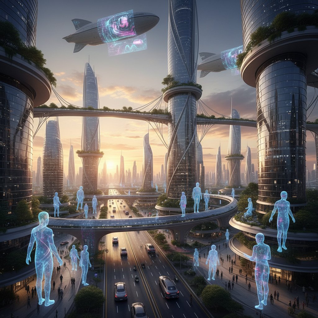 Futurystyczne miasto, ludzie i hologramy AI współpracują ze sobą, symbol nowoczesnego dialogu