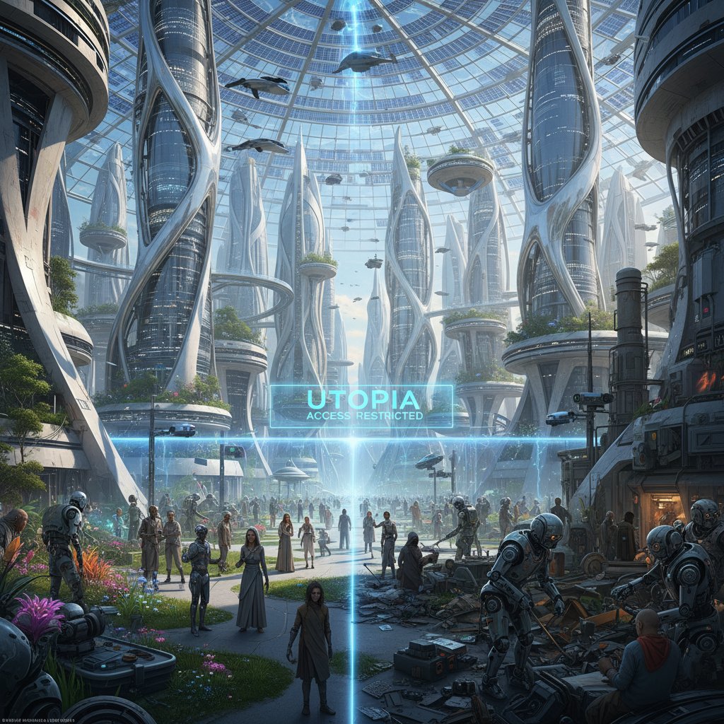 Miasto przyszłości z robotami i ludźmi, utopia kontra wykluczenie, automatyzacja a filozofia pracy