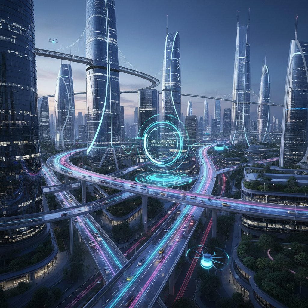 Futuristic city with smooth flowing traffic thanks to traffic jam assist technology