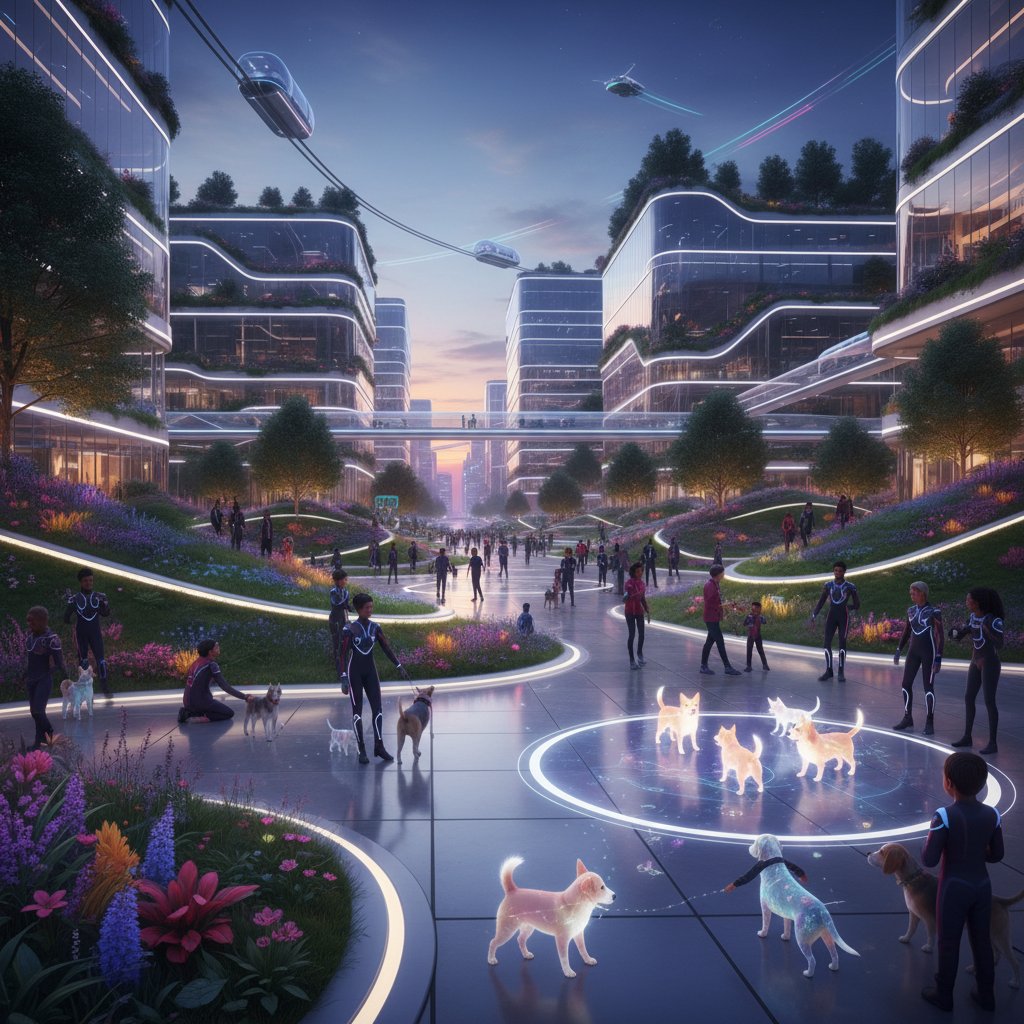 Park przyszłości z ludźmi spacerującymi z prawdziwymi i wirtualnymi psami, pies symulator opieki nad szczenięciem jako element życia miejskiego