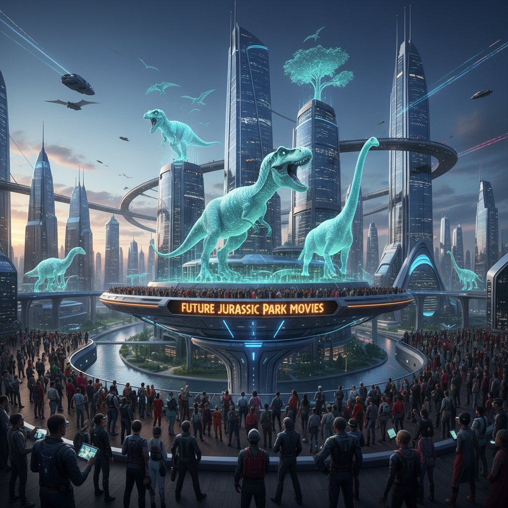 Futuristic city skyline with holographic dinosaurs and diverse crowd watching, symbolizing the future of Jurassic Park movies