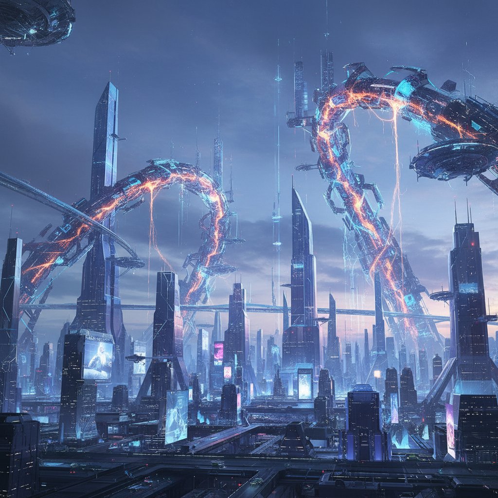 Przyszłość dominacji w cyfrowym świecie – futurystyczna panorama miasta z symbolami władzy