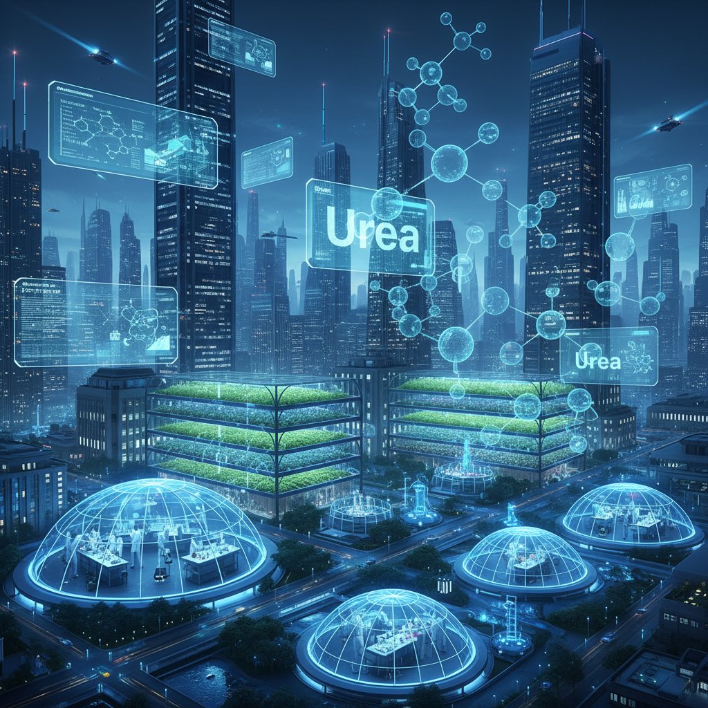 Futurystyczna wizja miasta, gdzie mocznik łączy rolnictwo, naukę i technologię