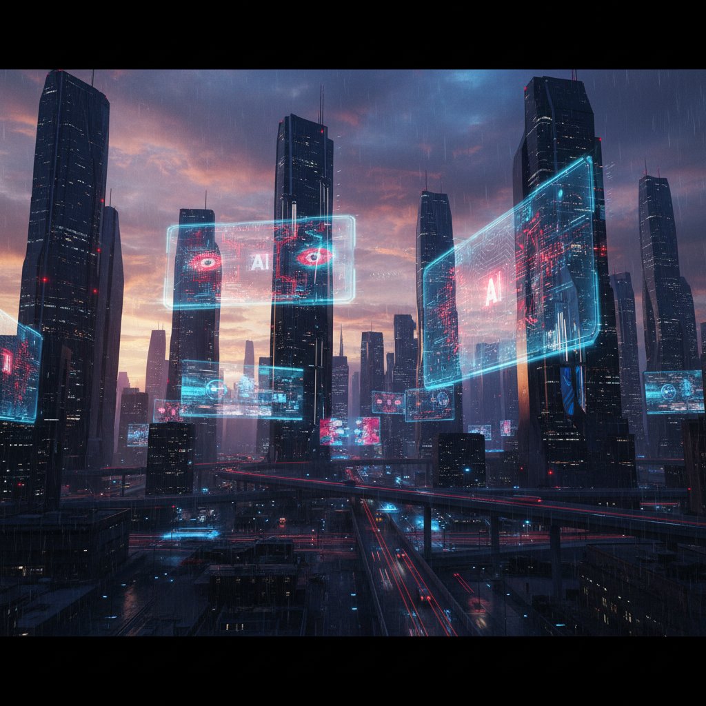 Futuristic cityscape with AI billboards and a foreboding dusk mood, visualizing the next generation of dystopian movies