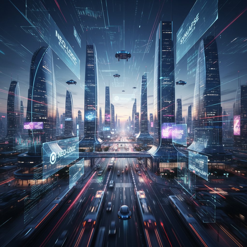 Futuristic city with AI-powered businesses visualized by digital overlays