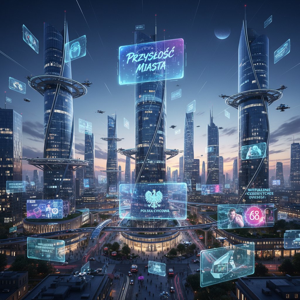 Przyszłość AI chatbotów w polskim mieście, futurystyczne hologramy z polskimi napisami, cityscape