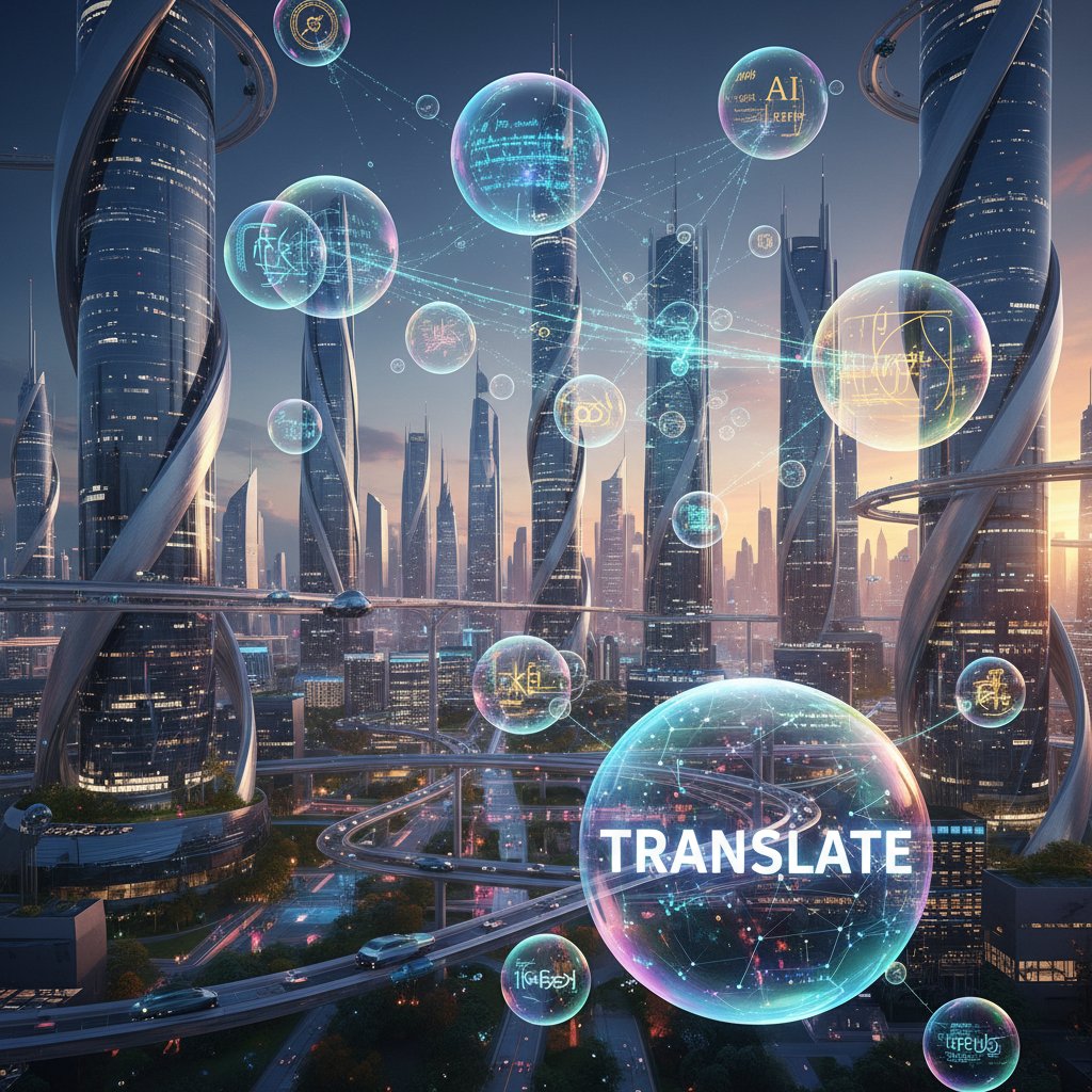 Miasto przyszłości z rozmowami AI w różnych językach – futurystyczny cityscape, dymki konwersacyjne