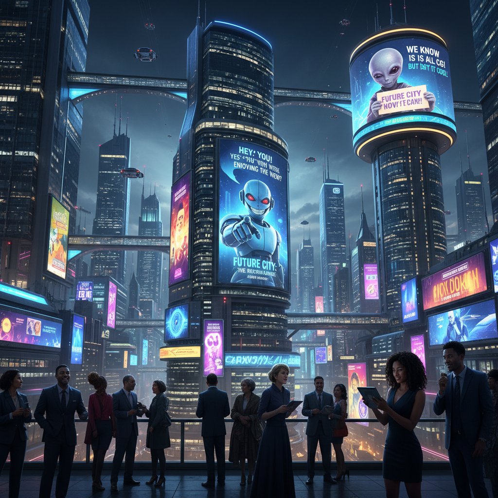 Futuristic cityscape: billboards break fourth wall to passersby—meta-comedy in the real world
