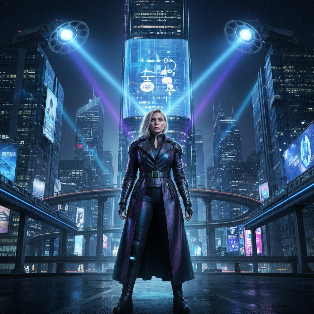 Futuristic cityscape with cinema lights representing Elizabeth Olsen looking toward future roles