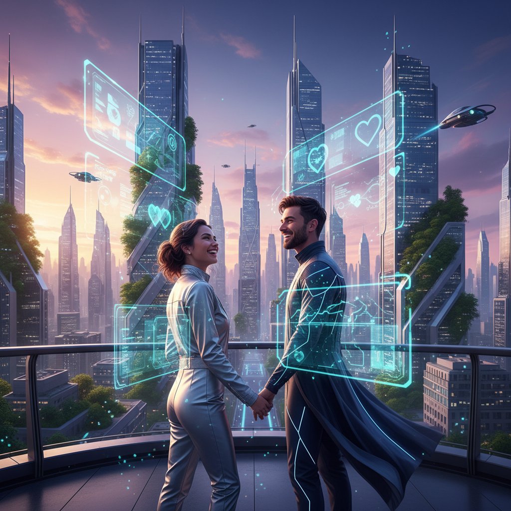 The future of relationship joy with advanced technology, cityscape, couples using augmented reality together