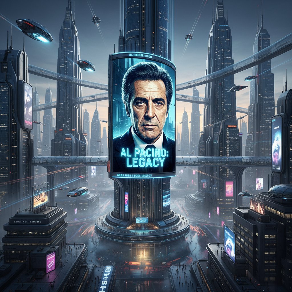 Futuristic cityscape with a digital billboard featuring Al Pacino, symbolizing his enduring legacy in digital culture