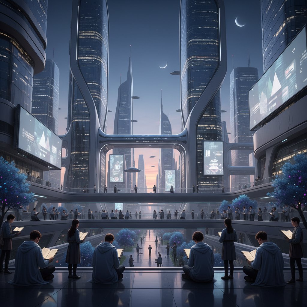 Futurystyczne miasto o zmierzchu, przyciemnione billboardy cyfrowe, ludzie czytający książki, symbol digital detox