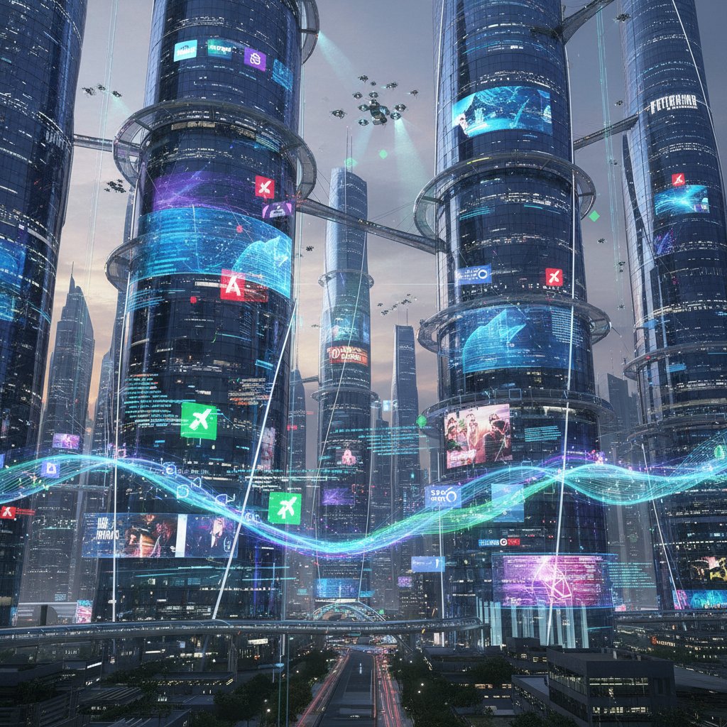 The digital future of automated content review in society, futuristic cityscape with digital content streams