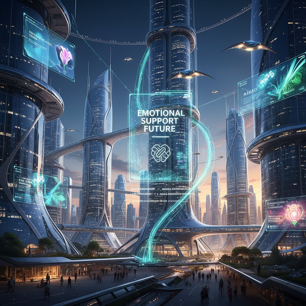Przyszłość emocjonalnego wsparcia w świecie cyfrowym, nowoczesne miasto z cyfrowymi wzorami, wsparcie AI
