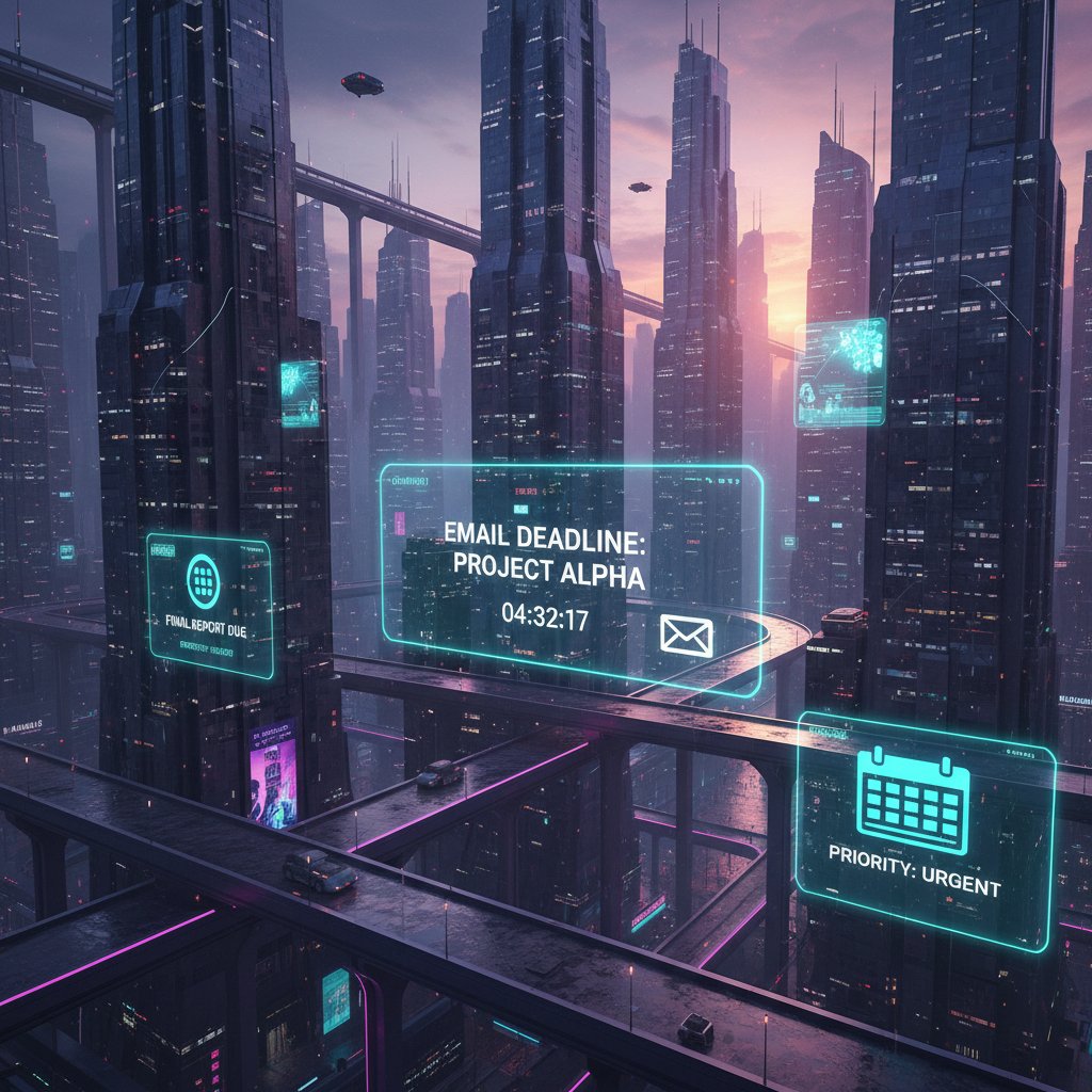 Futuristic cityscape with digital reminders for productivity