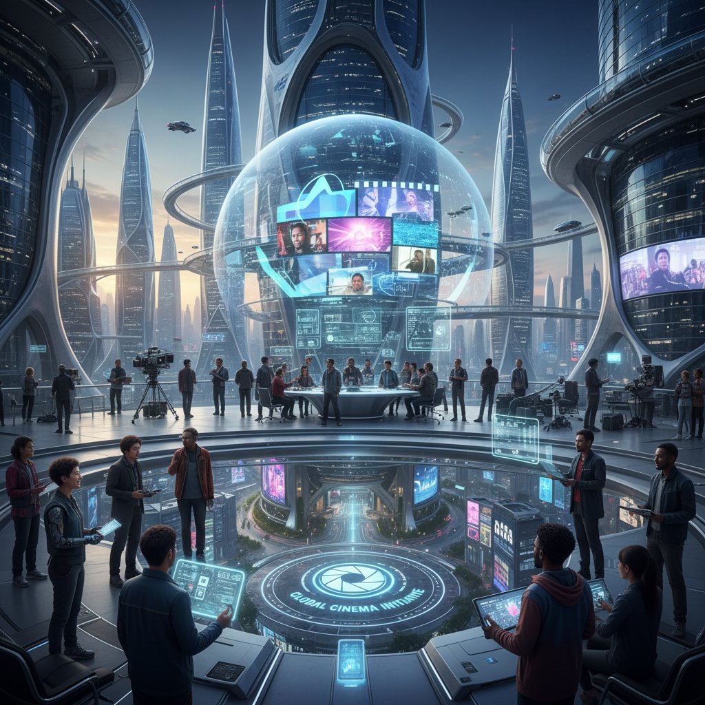 Futuristic cityscape with diverse filmmakers collaborating, symbolizing the new generation of global feminist filmmakers