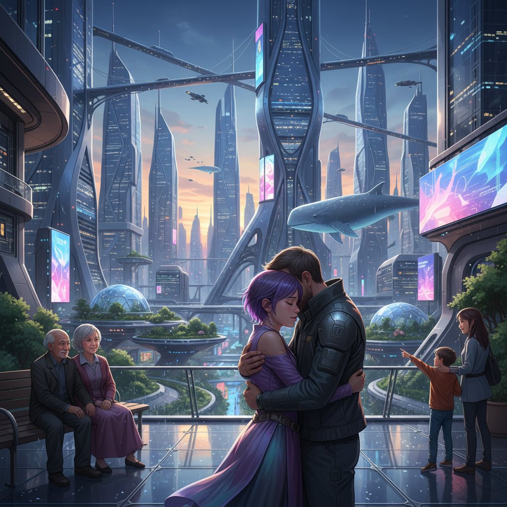 Emotional scene set in a vast, futuristic city, capturing Villeneuve's humanistic approach