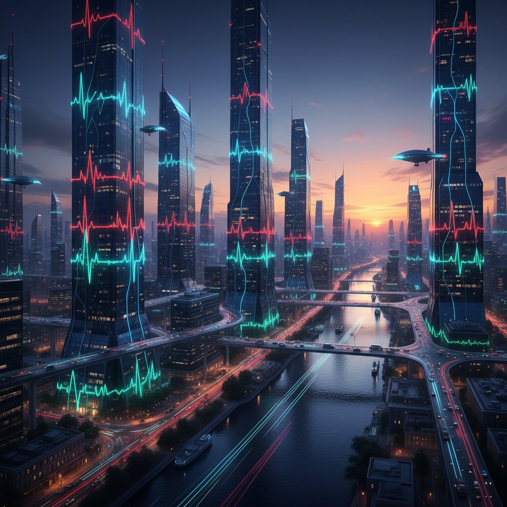 Miasto przyszłości z motywami rytmu serca na fasadach