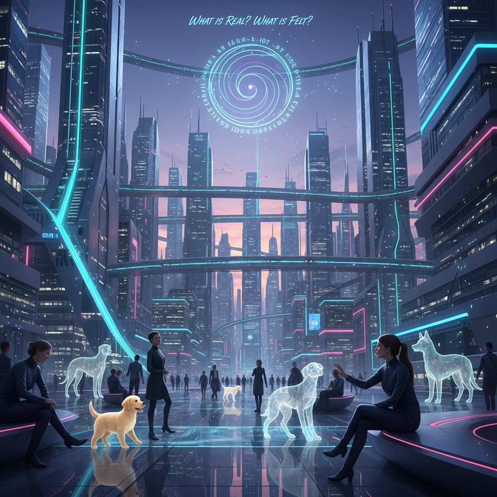 Futurystyczne miasto z holograficznymi psami i ludźmi — przewrotny obraz przyszłości opieki cyfrowej