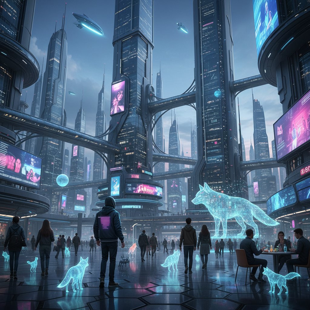 Futurystyczna scena miasta, w której ludzie i cyfrowi towarzysze AI współistnieją w harmonii