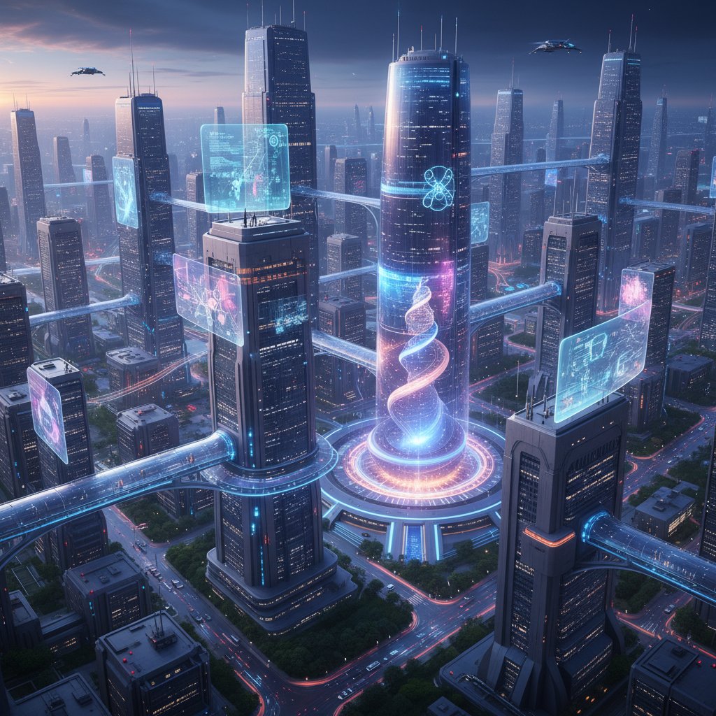 Futuristic cityscape with interconnected research labs, diverse digital collaboration, research specialization future trends