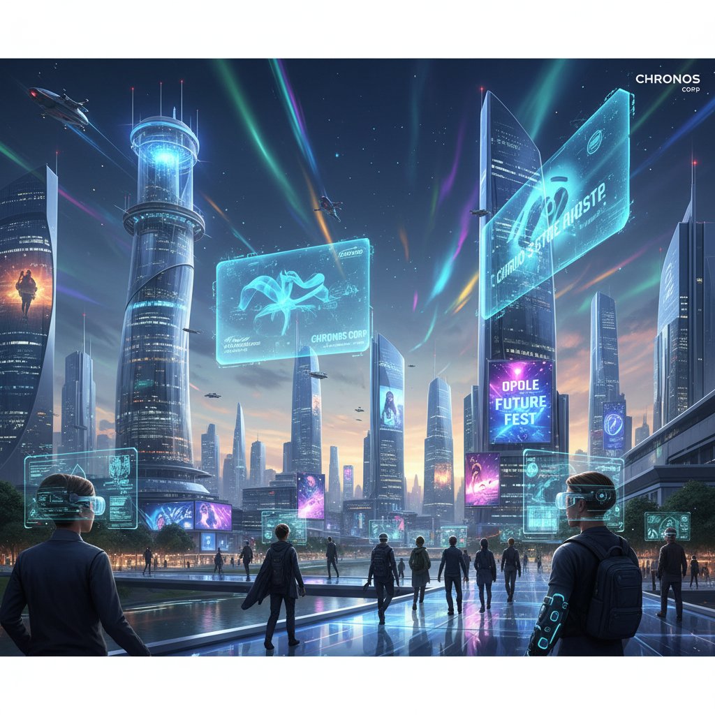 Przyszłość wydarzeń kulturalnych w Opolu, miasto z holograficznymi reklamami wydarzeń i ludźmi korzystającymi z AR