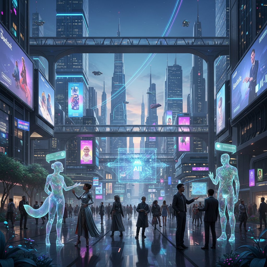 Przyszłościowe miasto z holograficznymi chatbotami