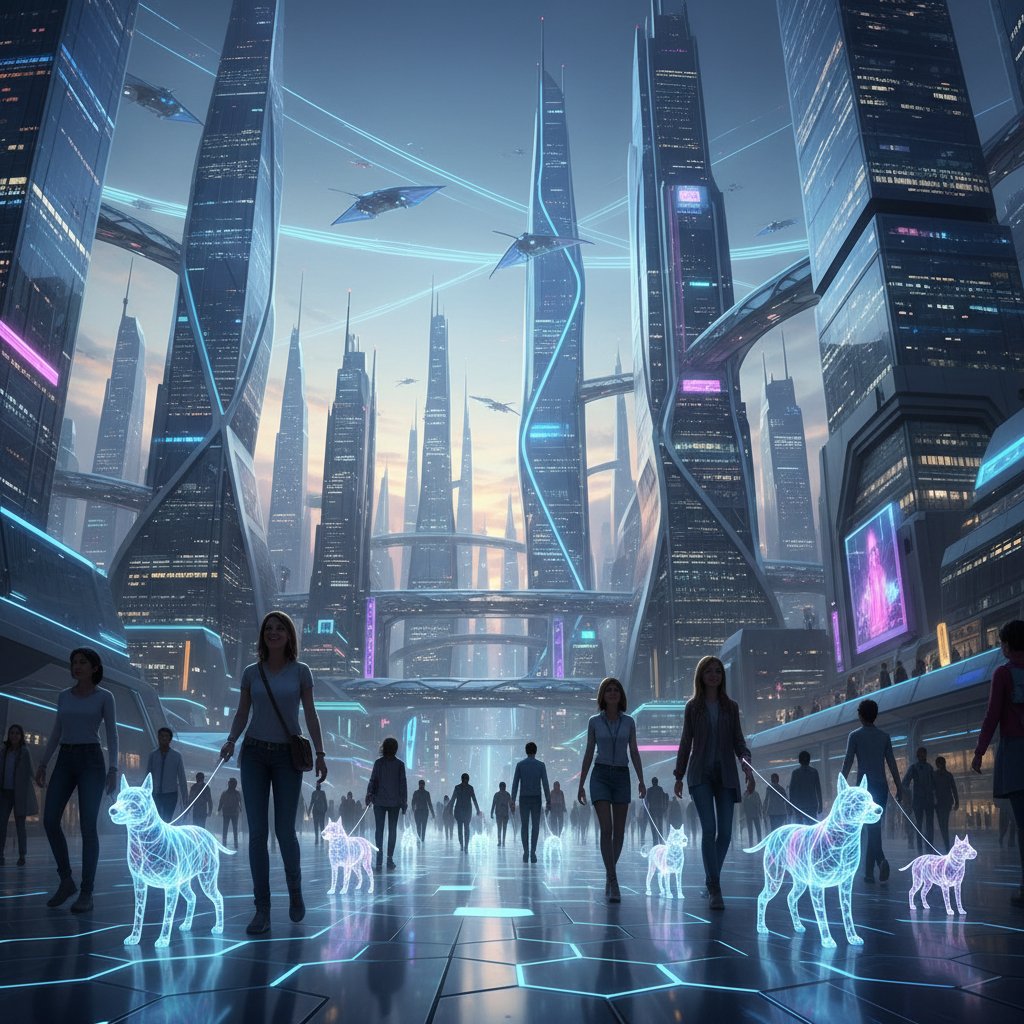 Przyszłość: ludzie z holograficznymi psami AI w mieście