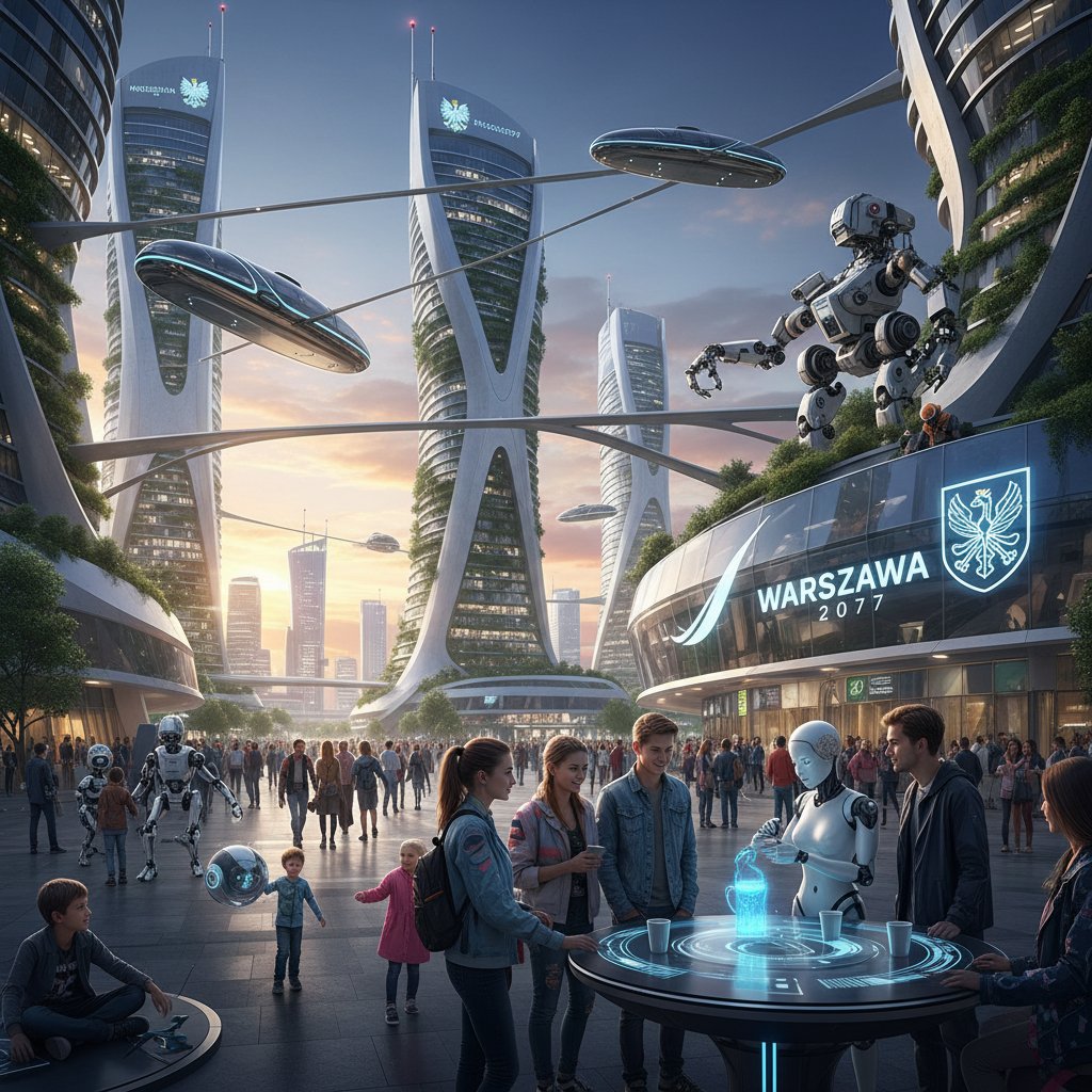 Zdjęcie przedstawiające futurystyczny krajobraz miasta z robotami i ludźmi w interakcji, symbolizujące współżycie AI i społeczeństwa